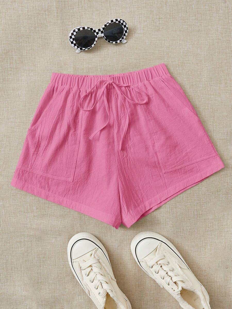 SHEIN EZwear Pantaloncini estivi larghi e casual in cotone e lino, con tasche inclinate e cintura annodata, bianchi - Rosa - Visualizzare 1
