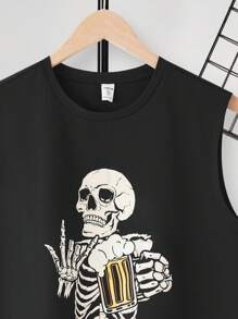 SHEIN 1 Pc Teen Boy Skeleton Graphic Printed Sleeveless Tank Top With Size Code, For Vacation Spring Wear; Teen Boys' Clothing; Teen Boy' Jackets, Spring Back To School