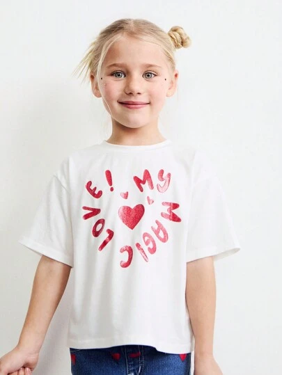 SHEIN Girls Sequined Heart & Letter Print Round Neck Batwing Short Sleeve White T-Shirt, Suitable For Valentine's Day And Spring