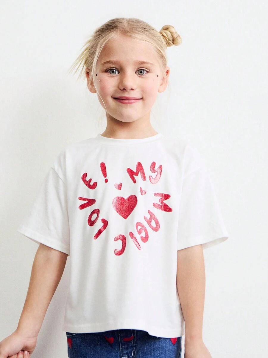 SHEIN Girls Sequined Heart & Letter Print Round Neck Batwing Short Sleeve White T-Shirt, Suitable For Valentine's Day And Spring