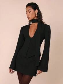 COSMINA 2 件套女士纯色长袖夹克和铅笔裙 - 黑色 - 查看 3