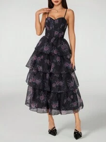 SHEIN PETITE Vestido negro estampado retro con cuello de encaje y diseño multicapa tipo pastel - Negro - Ver 8