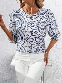 SHEIN Clasi Blusa de mujer con cuello redondo y manga abullonada con estampado