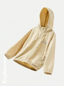 SHEIN 青少年女孩休闲简约连帽夹克和短裤套装，日常穿着 - 卡其色 - 查看 9