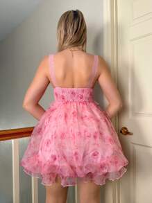 Sweetina Ținute de vacanță de primăvară la modă Y2k Ieșiri cu bretele spaghetti Imprimate din organza cu mâneci bufante cu volane Rochie roz Haina de Valentine Rochie de absolvire Ținute de primăvară pentru femei - Roz - Vizualizare 3