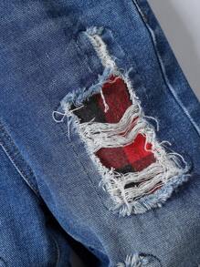 Young Boy's New Fashion Distressed Red & Black Plaid Embroidered Patch Pocket Denim Long Pants