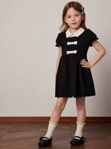 PrepCrw Young Girls' College Style Color-Blocking White Collar Bowknot Chiffon Dress, Spring/Summer - Black and White - View 4