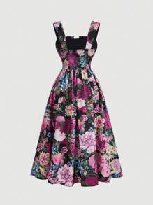 SHEIN MOD Vestido de mujer estilo vintage con estampado de palacio color magenta, conjunto para Año Nuevo, vestido largo informal