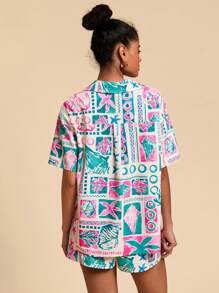 Travachic Set de 2 piezas para mujer de camisa y shorts con estampado de Hawai para primavera/verano