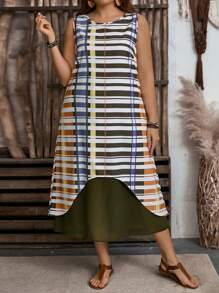 EMERY ROSE Plus Size Women Striped Round Neck Sleeveless Casual Dress - Multicolor - View 6