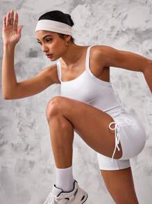 Slayform Solid Color Side Drawstring Camisole Sports Romper - White - View 2
