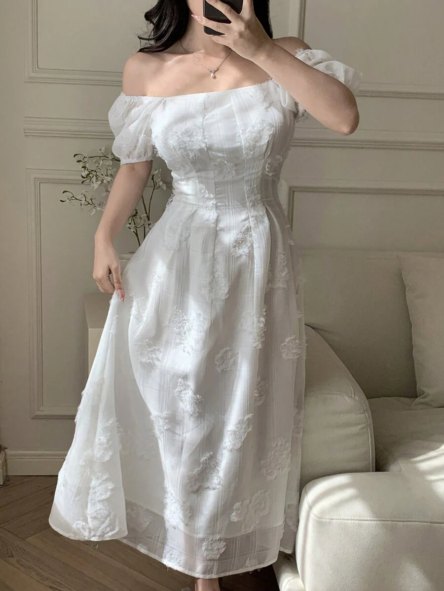 DAZY 女士提花方领泡泡袖优雅连衣裙吊带长裙 - 白色 - 查看 1