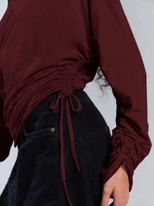 Athîral 女士休闲纯色不对称领抽绳上衣，秋季，复古款上衣，端庄，机场