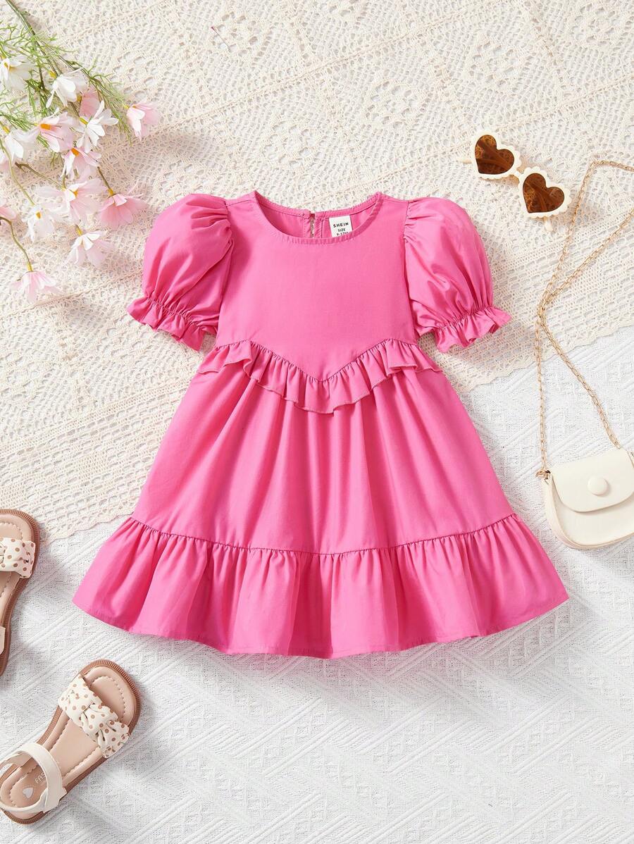SHEIN 女婴可爱荷叶边短袖休闲粉色连衣裙 - 玫紅色 - 查看 1
