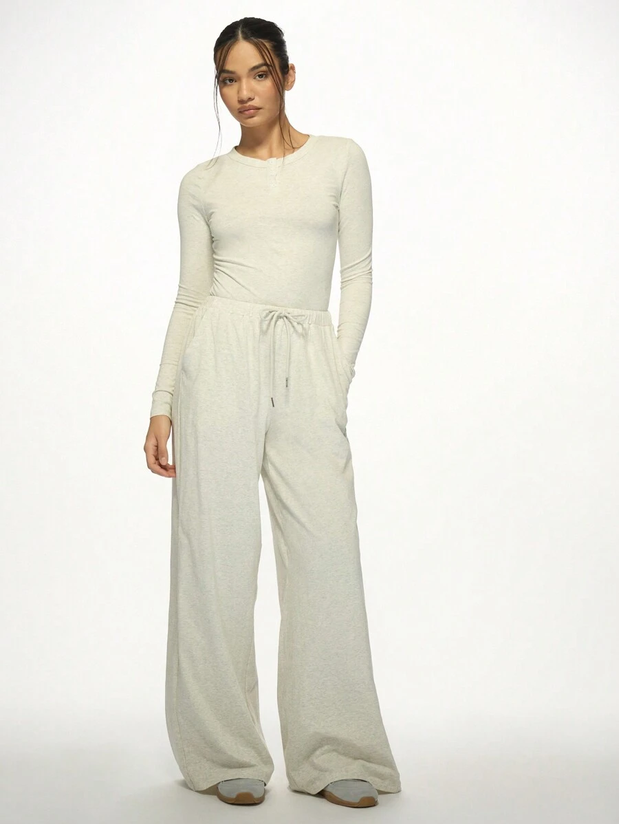 MISSGUIDED Cozy Wide Leg Lounge Pants Drawstring Waist Soft Jersey ComFort Palazzo Style Casual Home Leisure Wear Perfect For Yoga Relaxation Indoor Outdoor Activities - Light Grey - View 1