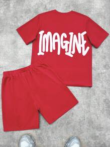 SHEIN Teen Boy Letter Print Round Neck Short Sleeve T-Shirt And Shorts Set