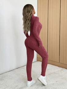 Muchica Ribbed Texture Thermal Lined Jumpsuit - Burgundy - View 2