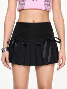 ROMWE Academia 甜美蝴蝶结腰带女士百褶迷你裙，休闲风格 - 黑色 - 查看 1