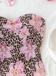 Soleia Parte superior ajustada y linda con decoración de estampado de leopardo y flores, apropiada para vacaciones, té de la tarde, fiestas, citas, Día de San Valentín y todo el año - Multicolor - Ver 3