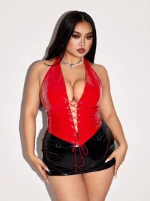SHEIN ICON 大码系带前 PU 皮革吊带红色上衣 - 紅色 - 查看 5