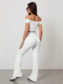 SHEIN PETITE Ensemble in zwei Teilen mit Polokragen Oberteil + Hose mit geraffter Taille und weitem Bein, Rippstrick - Weiss - Übersicht 2