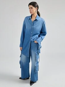 Ontre 女士牛仔衬衫，休闲修身长袖，蓝色 - 中等水洗藍 - 查看 6