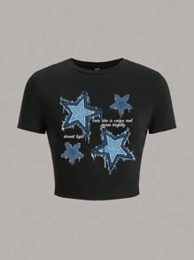 SHEIN EZwear 2pcs/Set Casual Retro Car & Star Graphic Crew Neck Short Sleeve Fitted Cropped Women T-Shirt, Summer