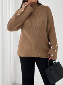 SHEIN Cottnline Plus Size Plain High Neck Long Sleeve Button-Up Casual Pullover Sweater - Camel - View 5