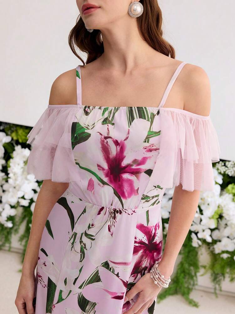 FLORAL PRINT RUFFLE TRIM DRESS