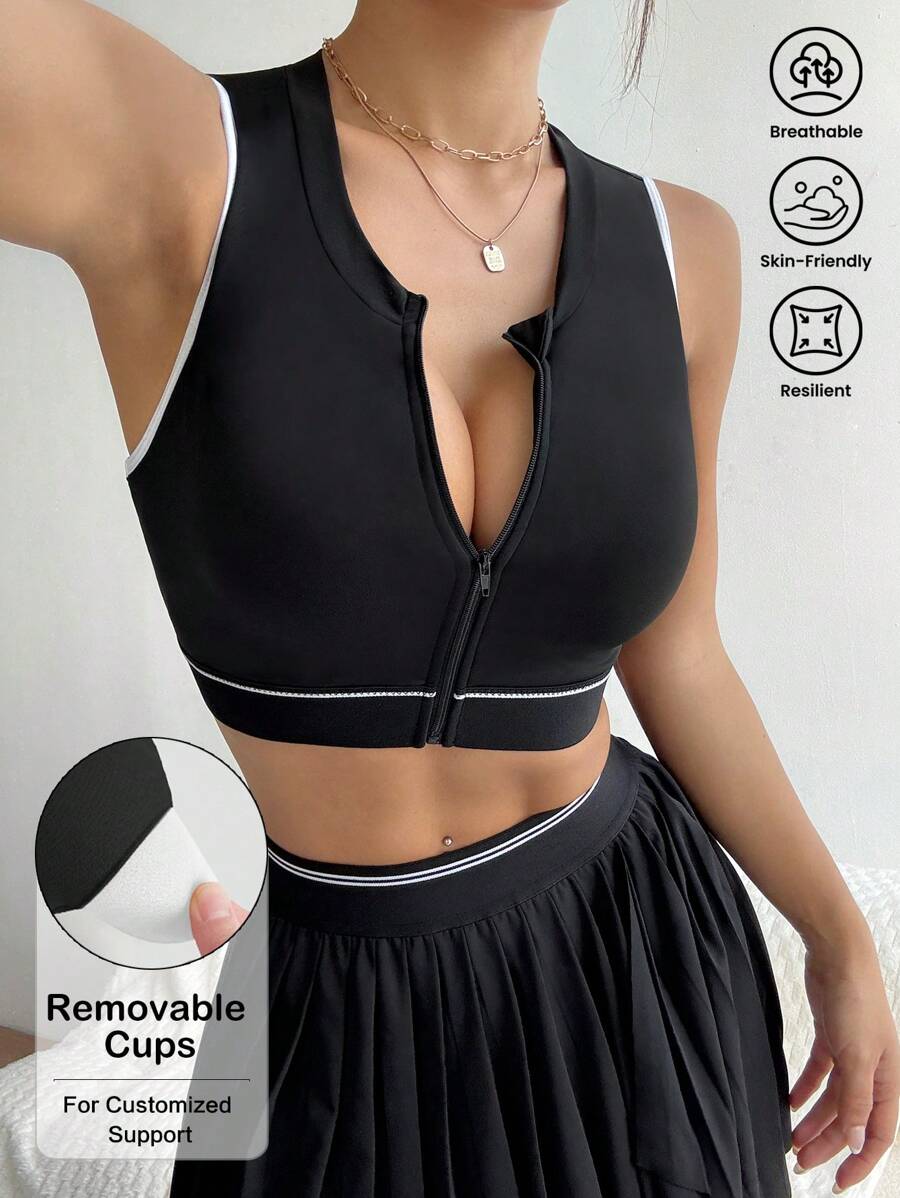 SHEIN Sports Contrast Color Piping Front Zipper Cropped Active Tank Top - Black - View 1