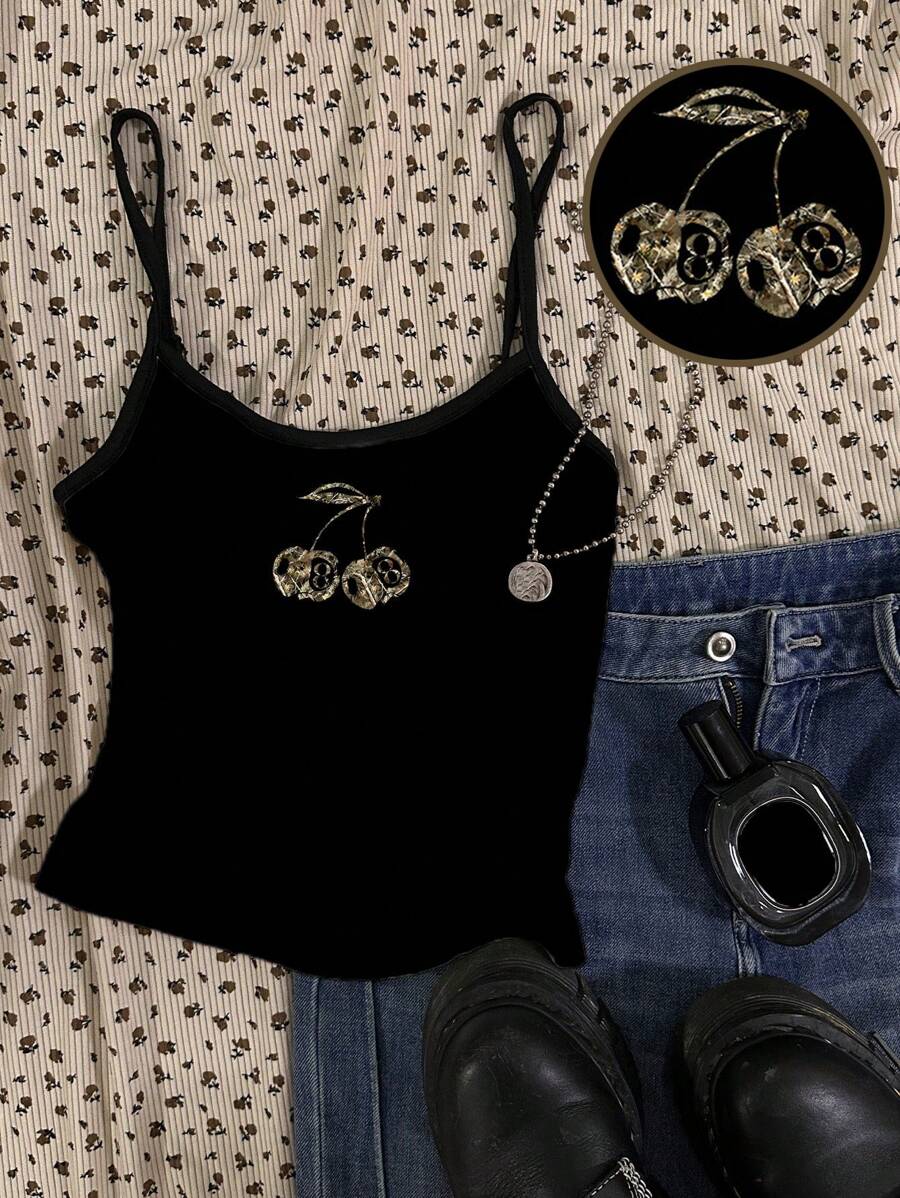 Attitoon Áo ba lỗ họa tiết cành anh đào và họa tiết ngụy trang cổ điển dễ thương dành cho nữ mùa hè, thường ngày, gợi cảm, trở lại trường - màu đen - Xem 1