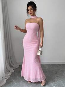 Rafferiza Đầm Maxi Maxi Dài Tay Không Dây Xếp Nếp Họa Tiết Hoa Lưới Màu Hồng Thanh Lịch Cho Nữ - Hồng - Xem 3