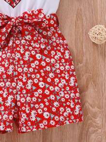 SHEIN Vintaside Kids 年轻女孩碎花连体裤，休闲假日风格 - 酒紅色 - 查看 6