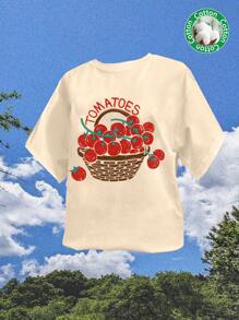 Tseoso Casual Tomato Pattern Round Neck Short Sleeve Loose Fit Women's T-Shirt, Cotton Blended, Suitable For Summer Natural