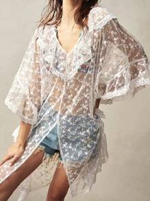 Bohemela Boho Women's Floral Sheer Mesh Batwing Sleeve Loose Top, Beach Cover Up - White - View 8