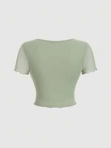 SHEIN MOD Lettuce Hem Tie Front Green Vintage T-Shirt - Green - View 2