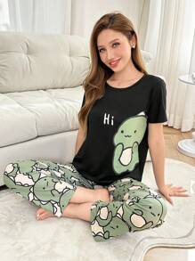 Dream Adore Conjunto de pijama para mujer con estampado de dinosaurios lindos, de manga corta y pantalón largo