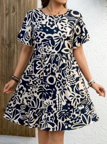 SHEIN LUNE Plus Size Casual All-Over Print Short Sleeve Dress Women Boho/Bohemian Dress  Summer Outfits For Women Vacation Outfits Woman Beach Outfits For Woman