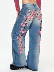 ROMWE Grunge Punk Women's Y2K Streetwear Cherry Blossom Embroidered Low Waist Loose Jeans - Blue - View 3