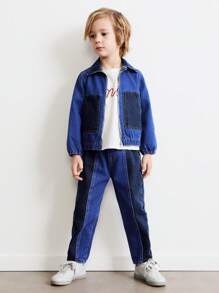 SHEIN Leap Crew Young Boys' Turn-Down Collar Loose Fit Contrast Color Denim Jacket - Blue - View 3
