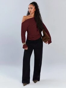 Athîral 女士休闲纯色不对称领抽绳上衣，秋季，复古款上衣，端庄，机场