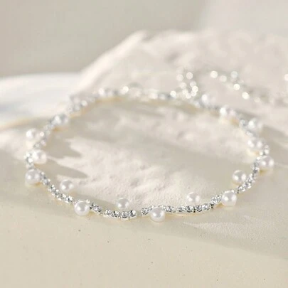 1pc Elegant Wavy Faux Pearl & Crystal Embellished Bracelet, Suitable For Women Wedding Party Or Daily Wear Winter Gifts