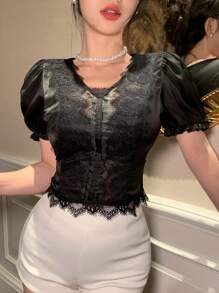 DAZY Bodycon Lace Top With V-Neck Short Sleeve, Elegant For Weddings And Banquets,Crop Tops Women - Black - View 8