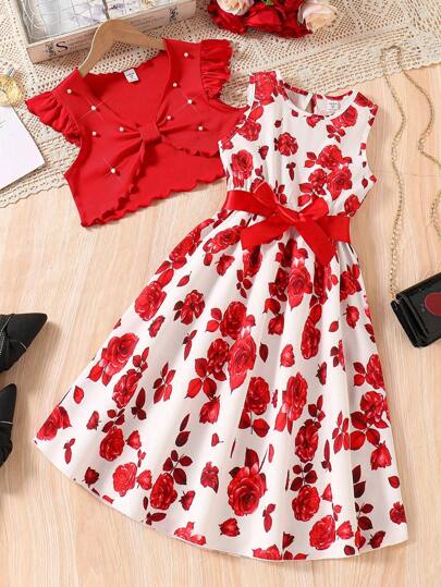 SHEIN 2pcs/Set Tween Girl Elegant Cap Sleeve Beaded Top And Floral Print Dress With Belt, Suitable For Spring/Summer,Holiday,Summer,Travel Summer Holiday