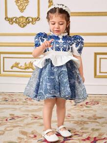 SHEIN 2pcs Baby Girl Elegant & Ruffled Peter Pan Collar Puff Sleeve Waisted Shirt And Skirt Set - Blue - View 5