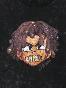 2 件套 Tween Boy 街头服饰卡通印花针织牛仔休闲上衣和短裤套装，时尚百搭，2025 年春夏新款日常必备服装 - 黑色 - 查看 6