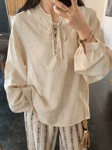 FRIFUL 女式杏色超大亚麻衬衫，带领带设计，春季服装，秋季服装长袖上衣