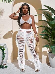 Slaydiva Sexy White Knit Fringe Pants: Tassel Cut Out Hollow Out Beach Cover Up Trousers For Women - White - View 6