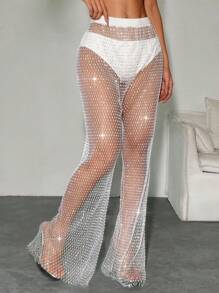 VaVaBold Pantalones de mujer de unicolor de talle alto con decoración de strass y transparencia sexy