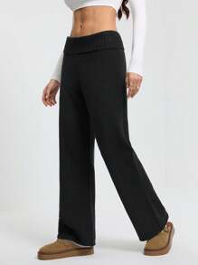 SHEIN Tall Women's Black Knitted Pants With Cuffed Waist And Flared Legs